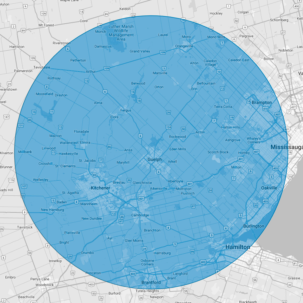End of Life Services Service Area: 50 km radius from Guelph